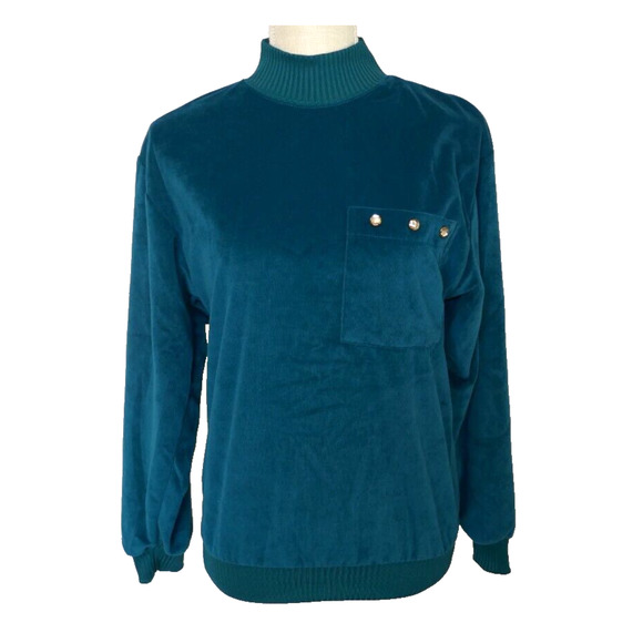 Teal Velveteen Pullover Longsleeve Mock Turtle Neck Small Vintage Haband for Her - Picture 1 of 16